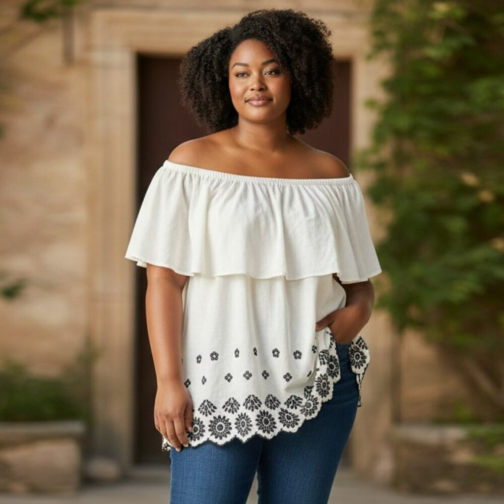 Old Navy Small White Black Flower Embroidered Linen Blend Blouse Top Shirt